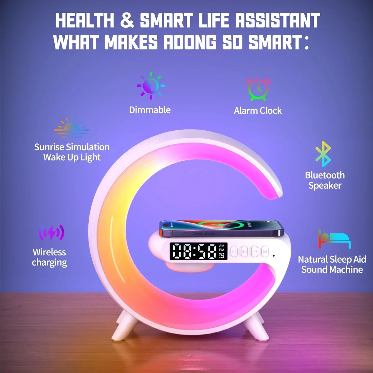 Multifunction RGB Night Light Alarm Clock with Bluetooth Speaker & 15W Wireless Charging Pad